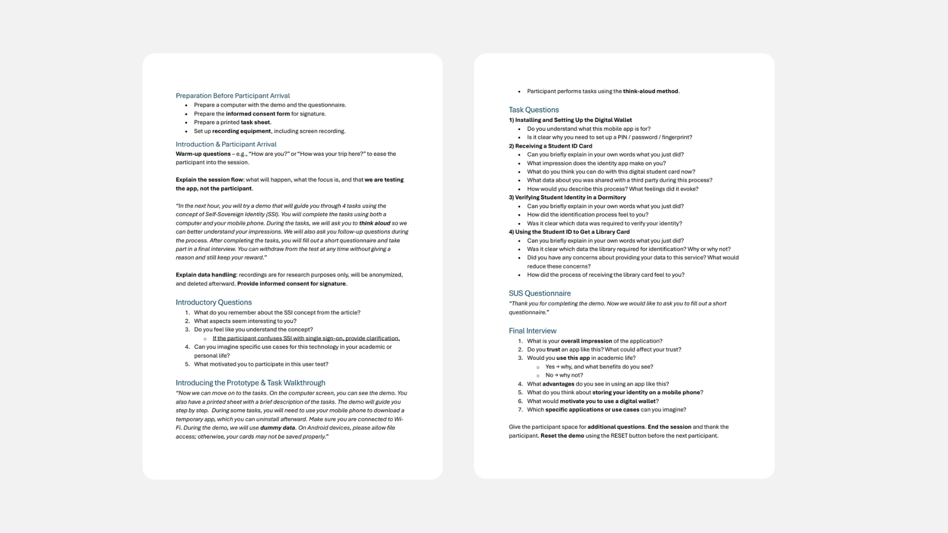 User testing manual for the tester